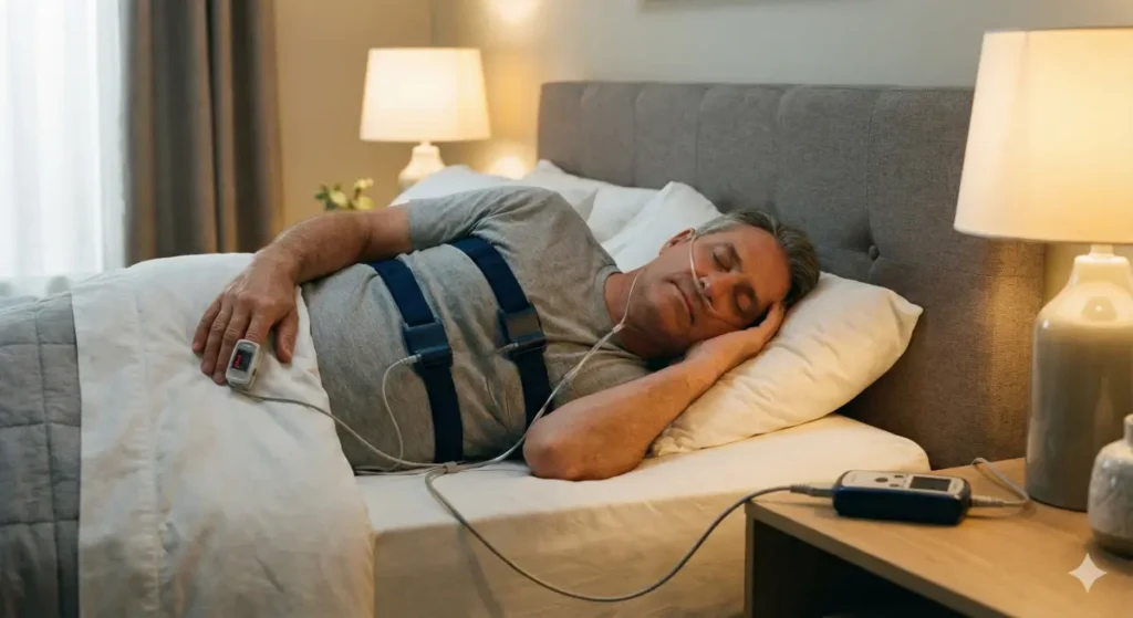 Persona durmiendo en su cama con una cánula nasal para un estudio del sueño domiciliario.